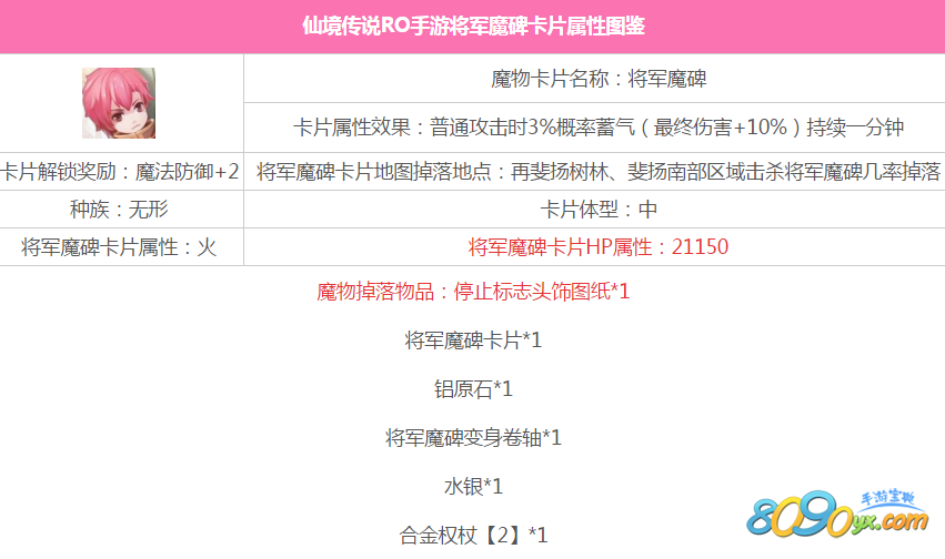 仙境传说ro手游将军魔碑卡效果